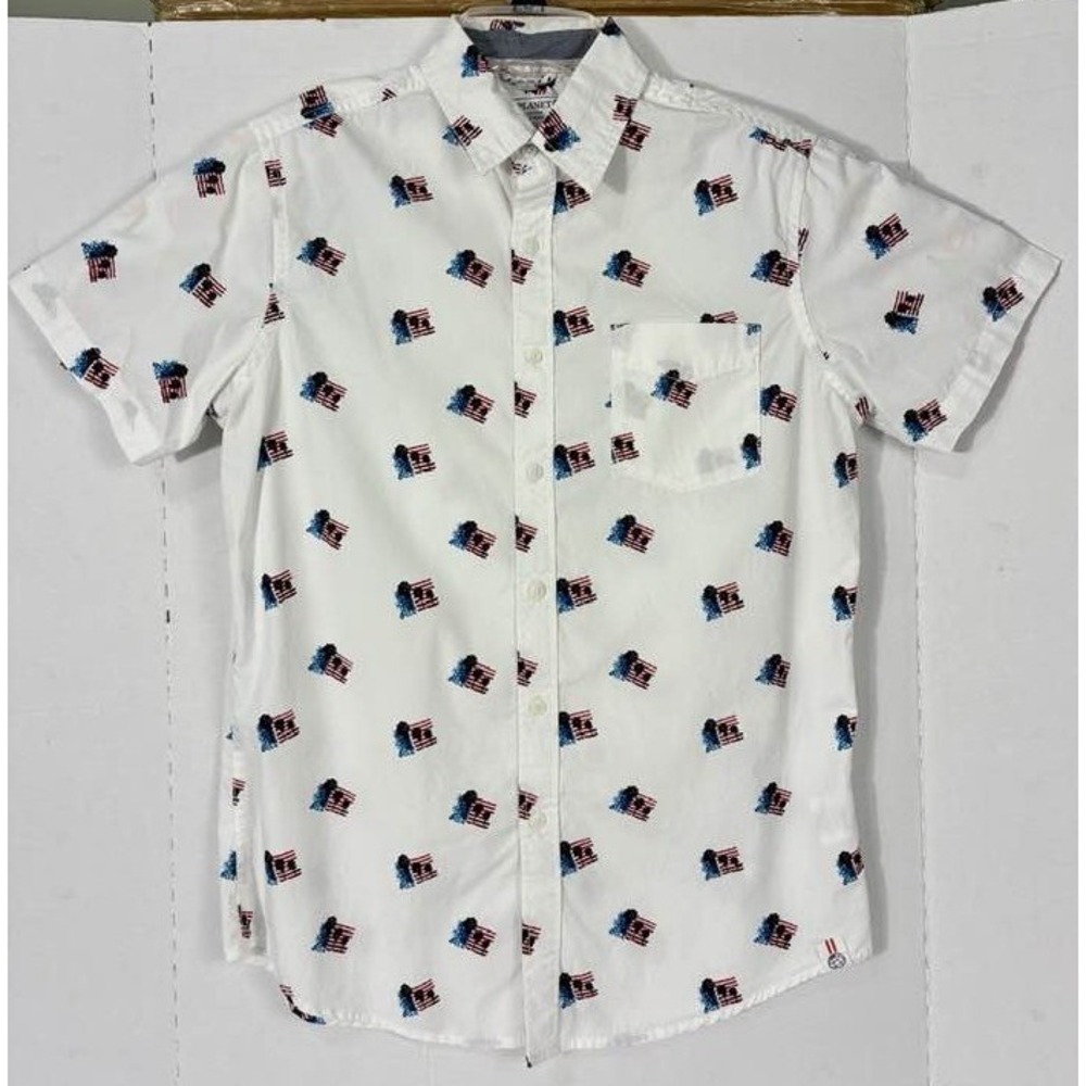 Free Planet Flag Print Button Up Shirt Small Americana Cotton‎ Summer Coastal - Picture 2 of 11